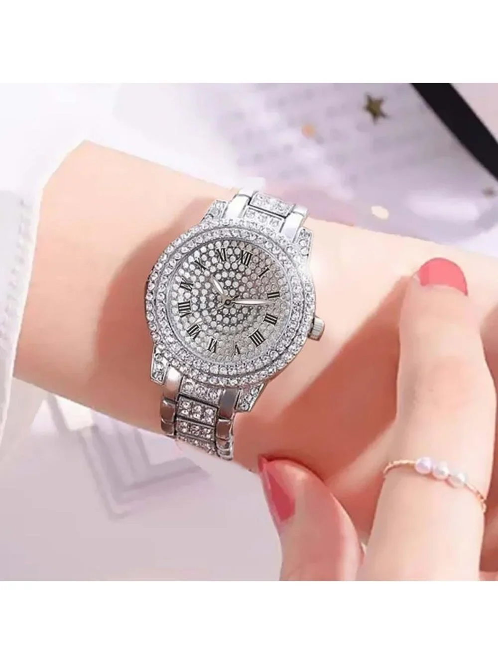 Women's Silver Luxury Full Diamond Bling Rhinestone Quartz Crystal Wrist Watch